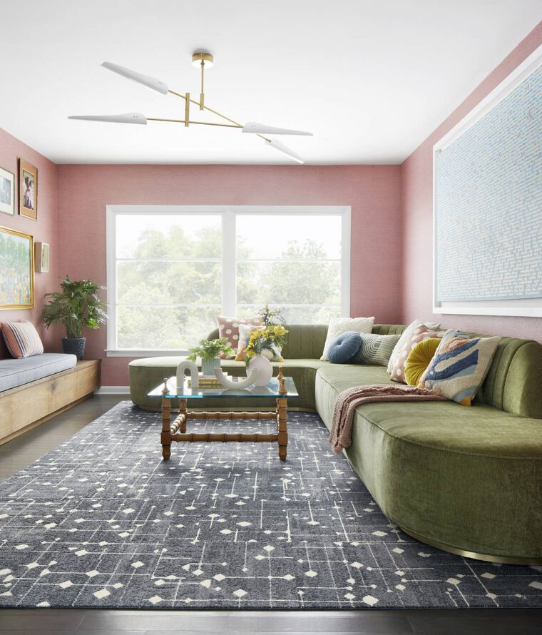 Living room with FLOR area rug Hollin Hills in Dusty Blue